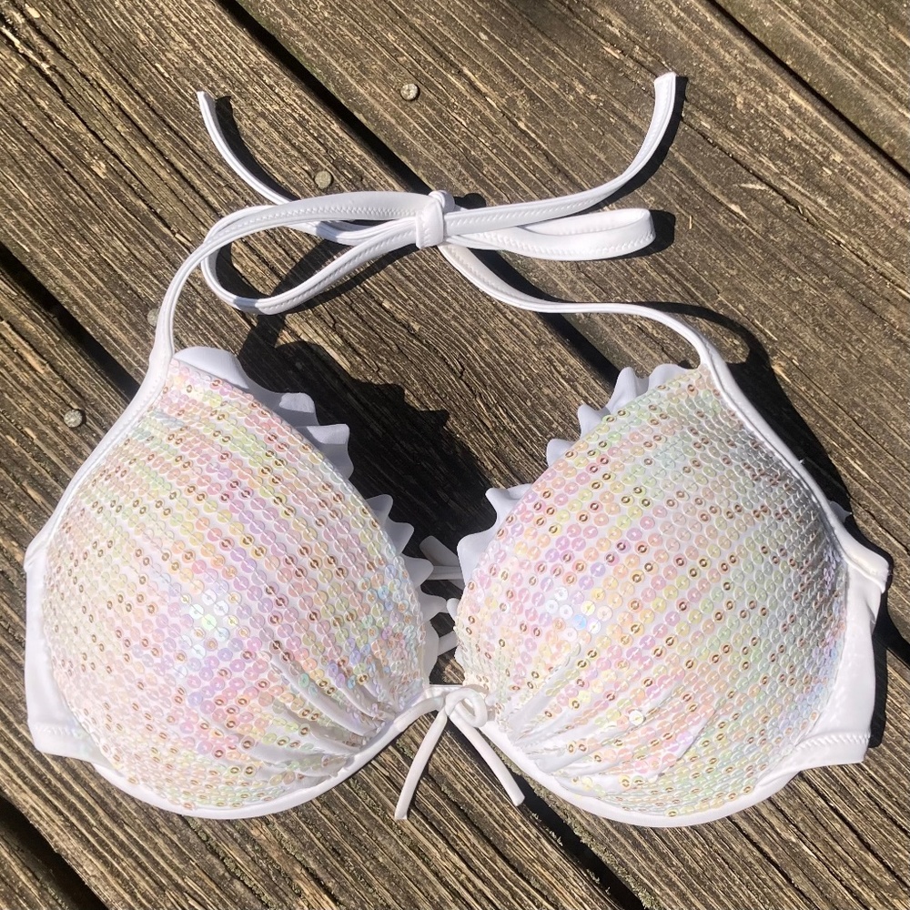 Victoria’s Secret White Sequins Frills Bikini Top NWOT Size: 34DD